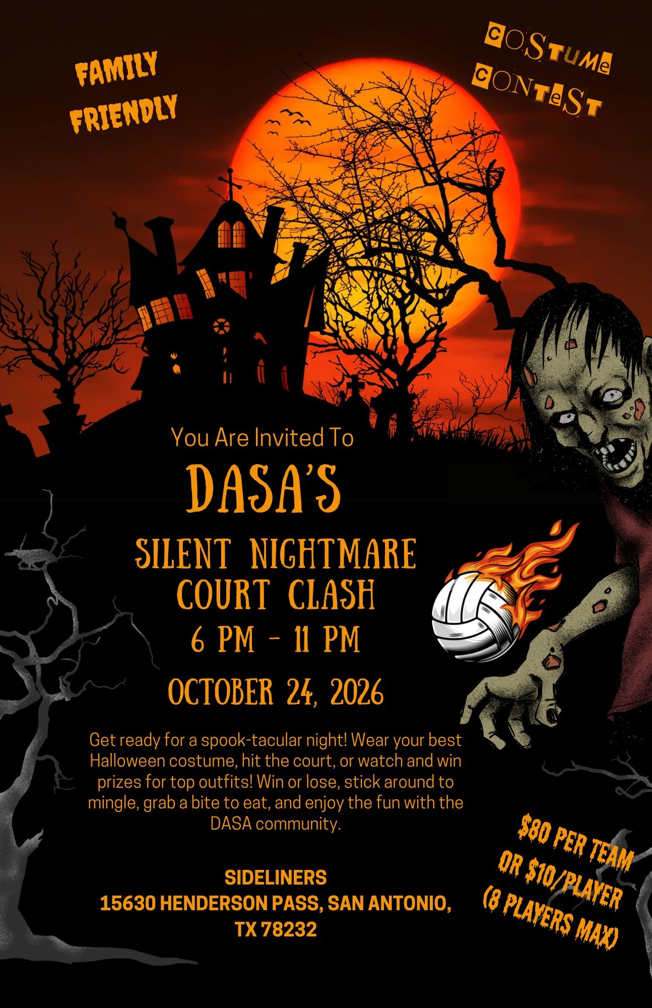 DASA's Silent Nightmare Court Clash flyer: Halloween volleyball tournament on October 24, 2026, 6 PM to 11 PM at Sideliners, San Antonio